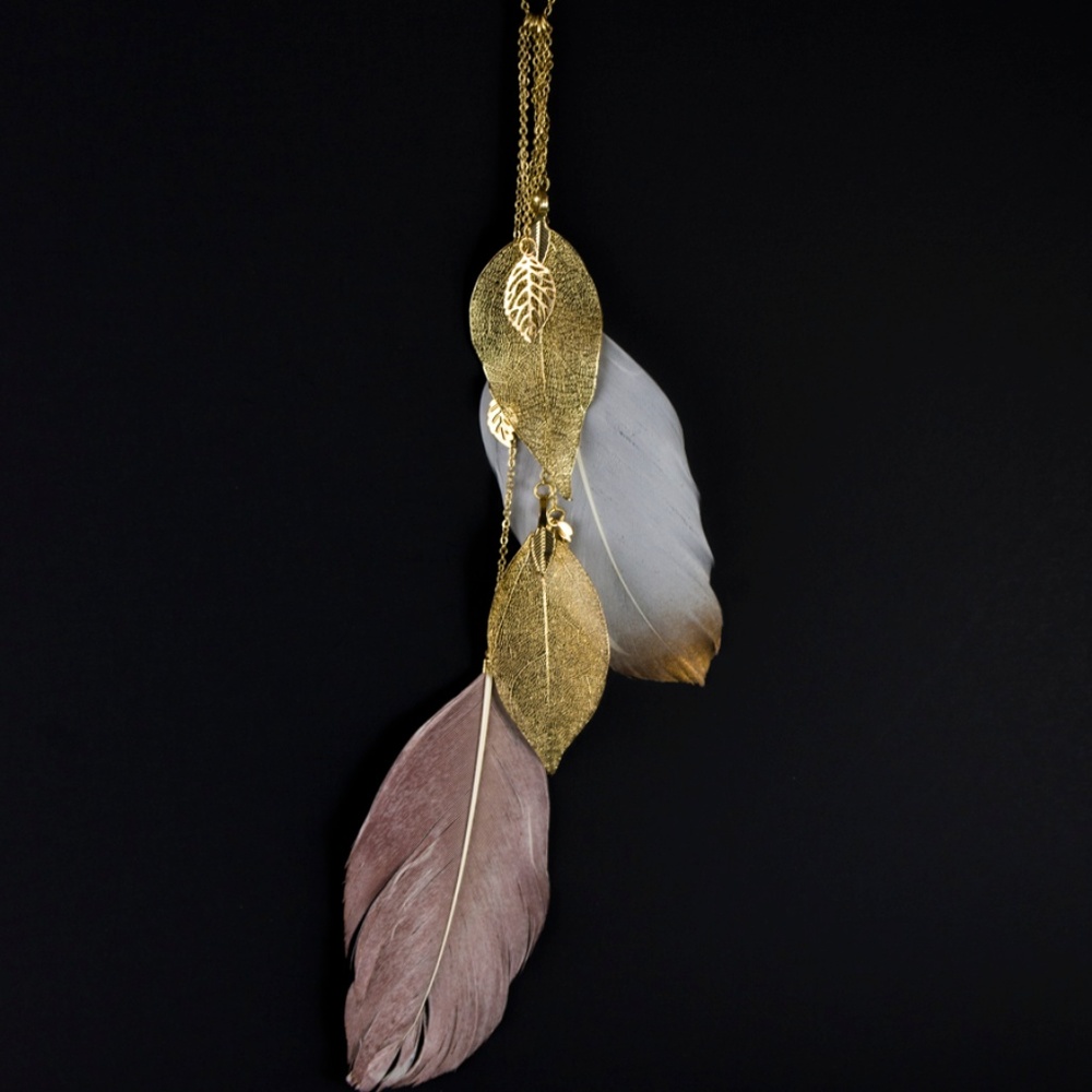 Gold Leaf Drop & Feather Necklace